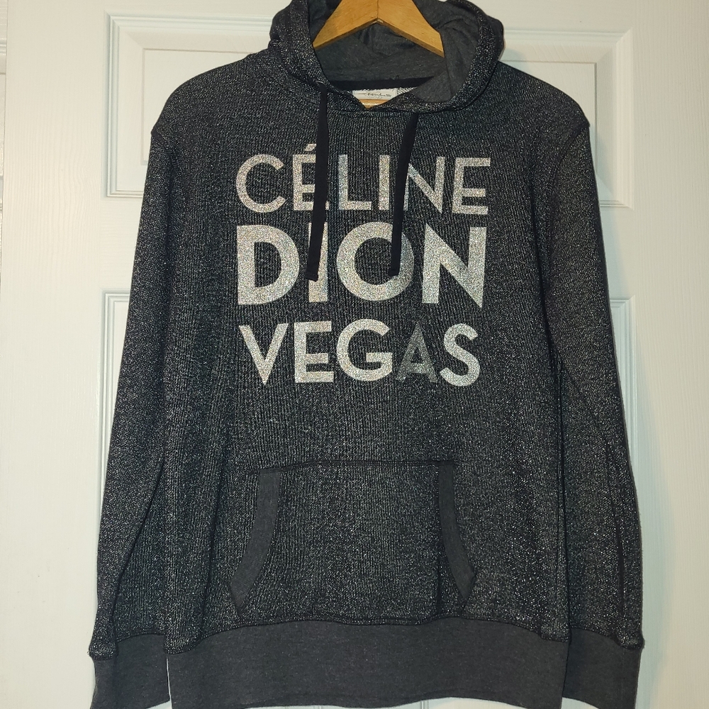 Celine Dion Vegas Glitter Hoodie Women's Size Large Black Silver‎